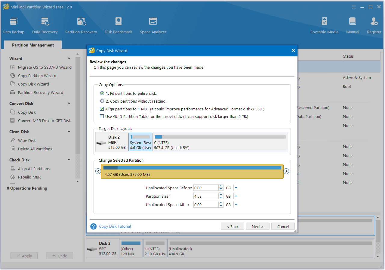 adjust the copy settings in MiniTool Partition Wizard