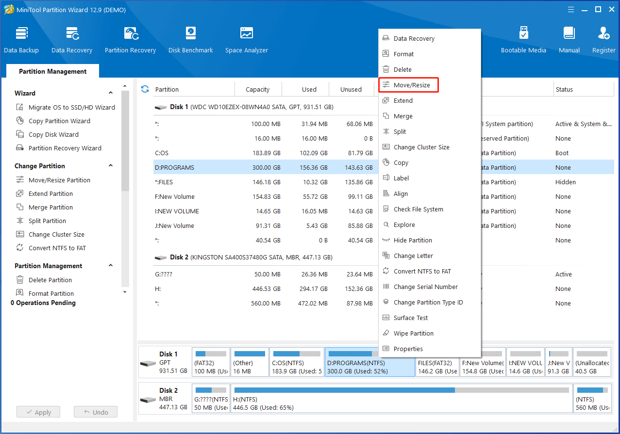 navigate to Partition Magic move resize feature