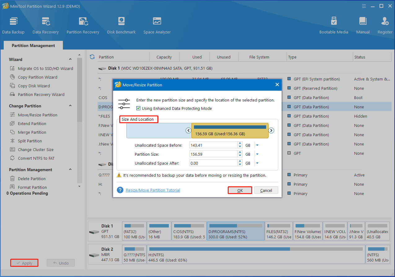 resize and move partition in Partition Magic