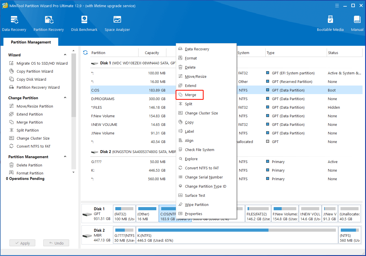 hit the Merge option in Partition Magic