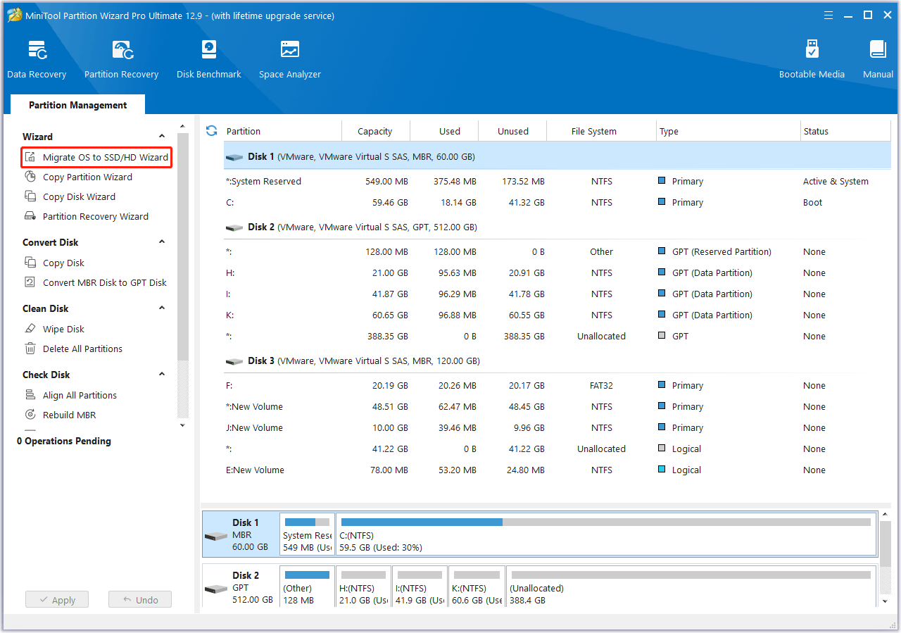 choose Migrate OS to SSD/HD Wizard in MiniTool Partition Wizard