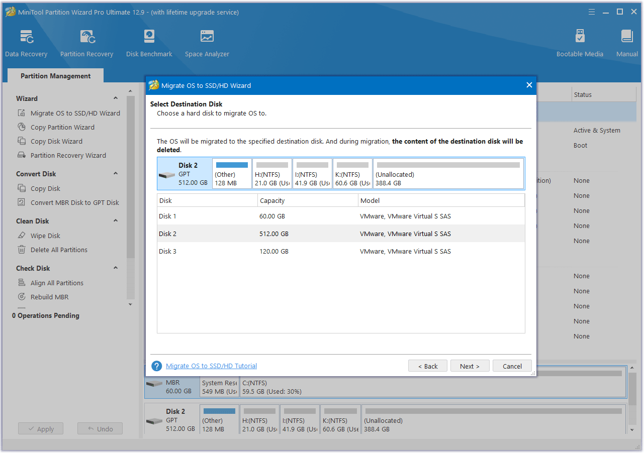 select destination disk in MiniTool Partition Wizard