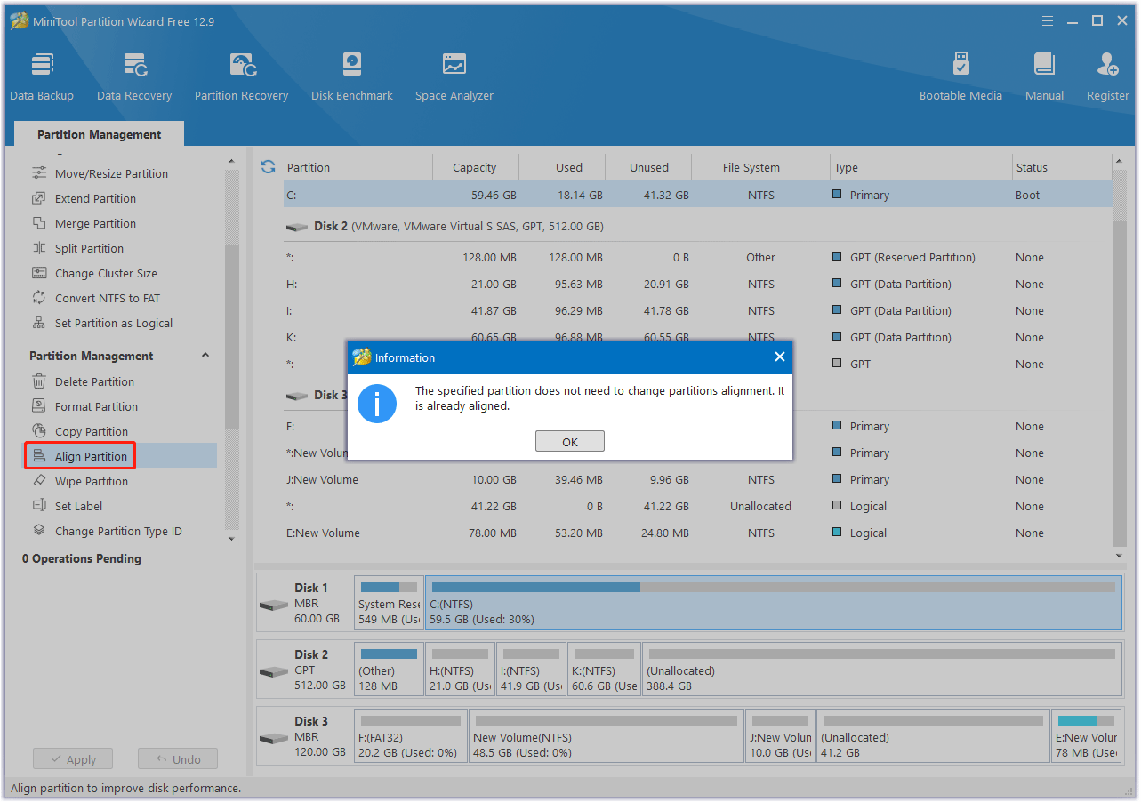 align partition in MiniTool Partition Wizard