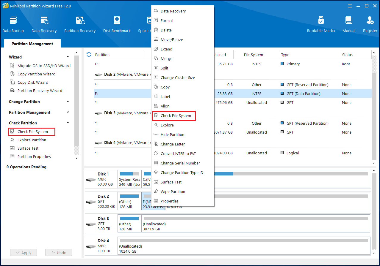 click Check File System in MiniTool Partition Wizard