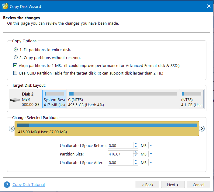 review the copy options on Partition Magic