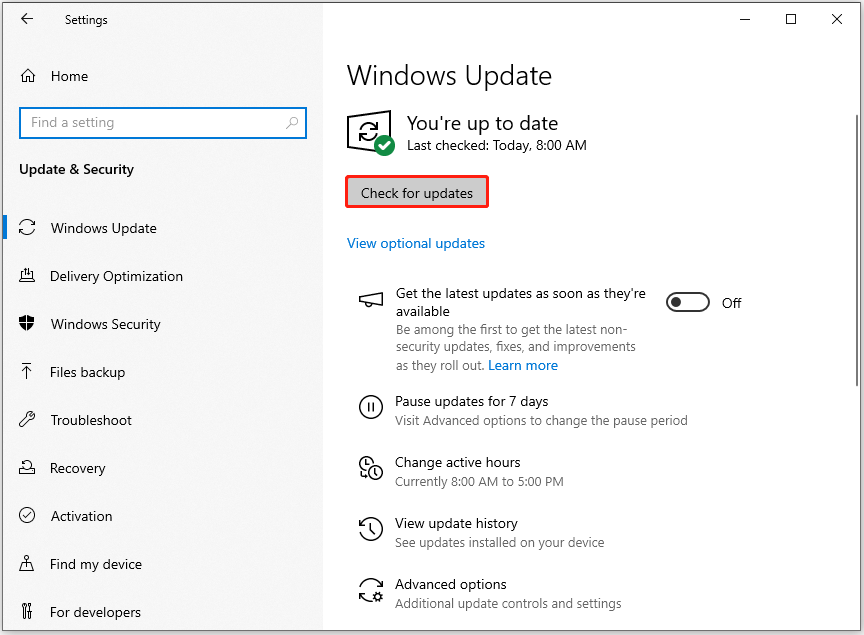 click Check for Updates in the Windows Update window