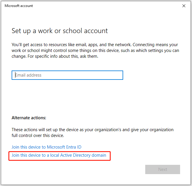 hit Join this device to a local Active Directory domain option