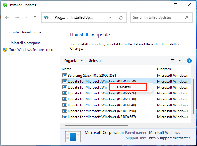 uninstall updates on Win11