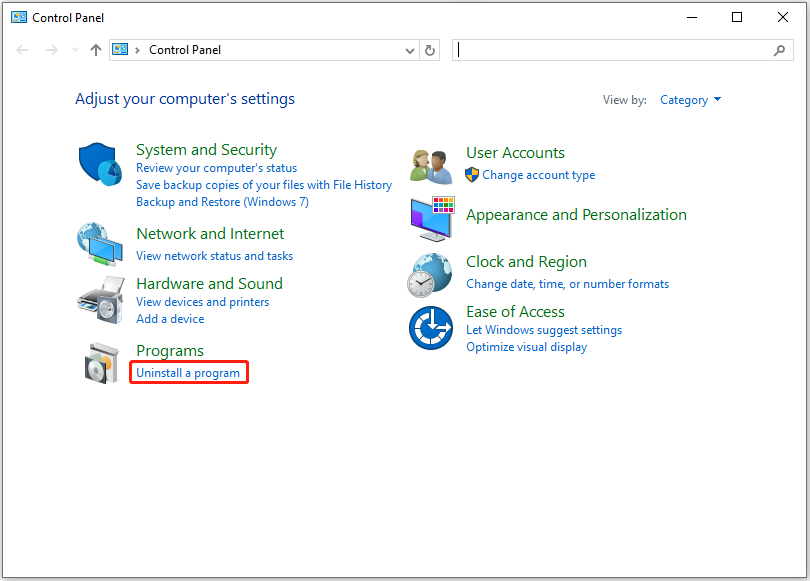 click Uninstall a program in Control Panel