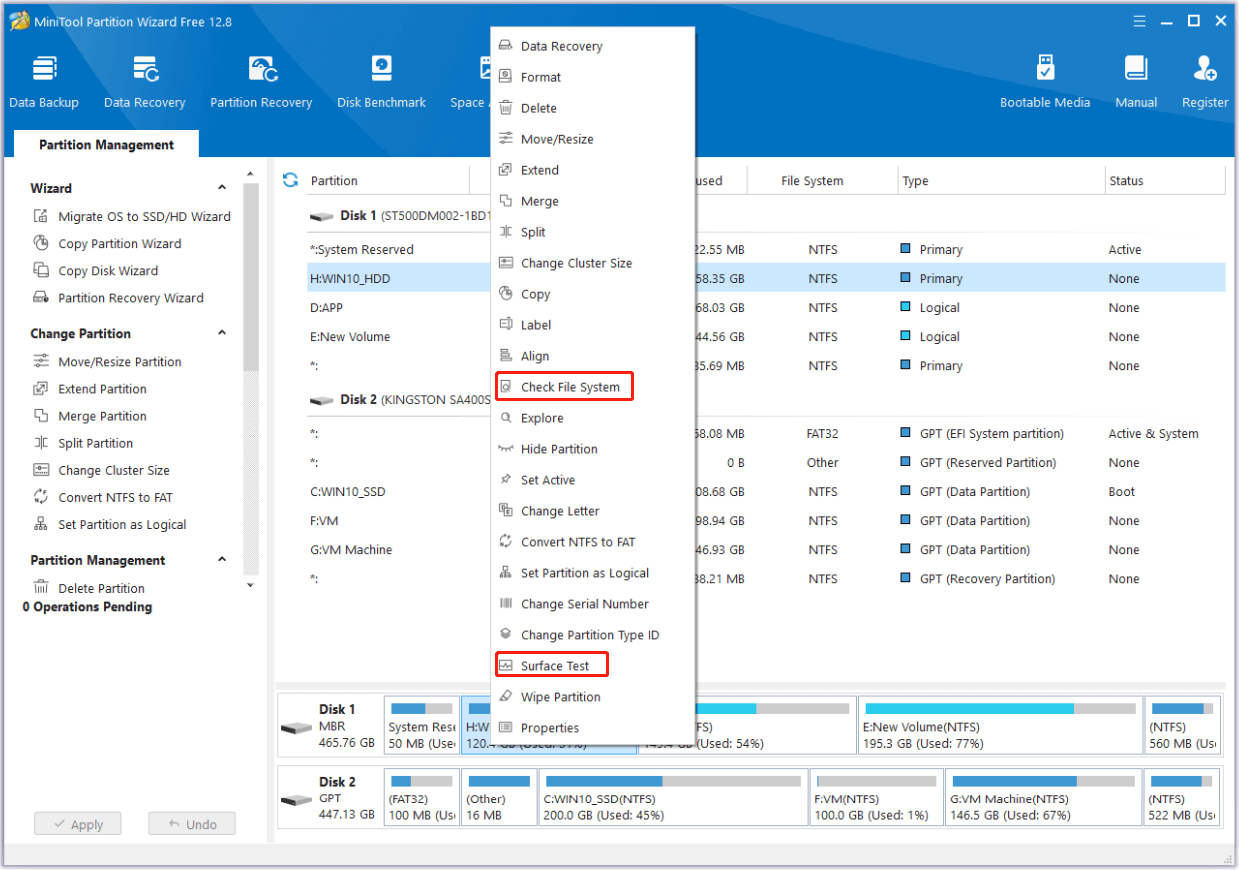 use Check File System or Surface Test feature in MiniTool Partition Wizard