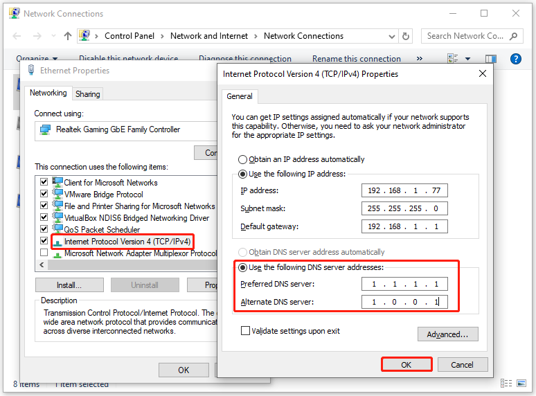 change DNS server addresses