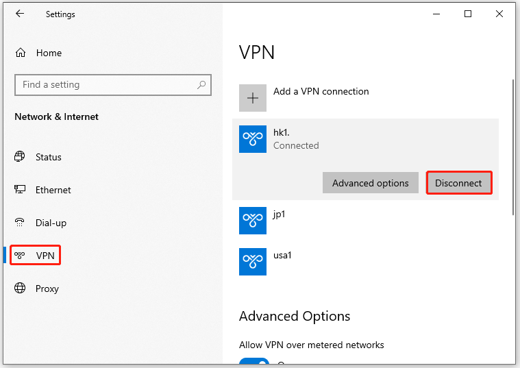 disable VPN on Windows Settings