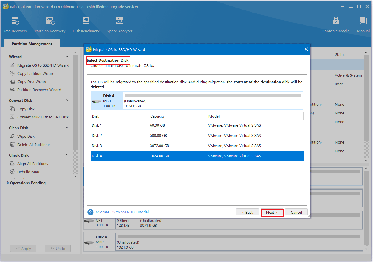 select destination disk in MiniTool Partition Wizard