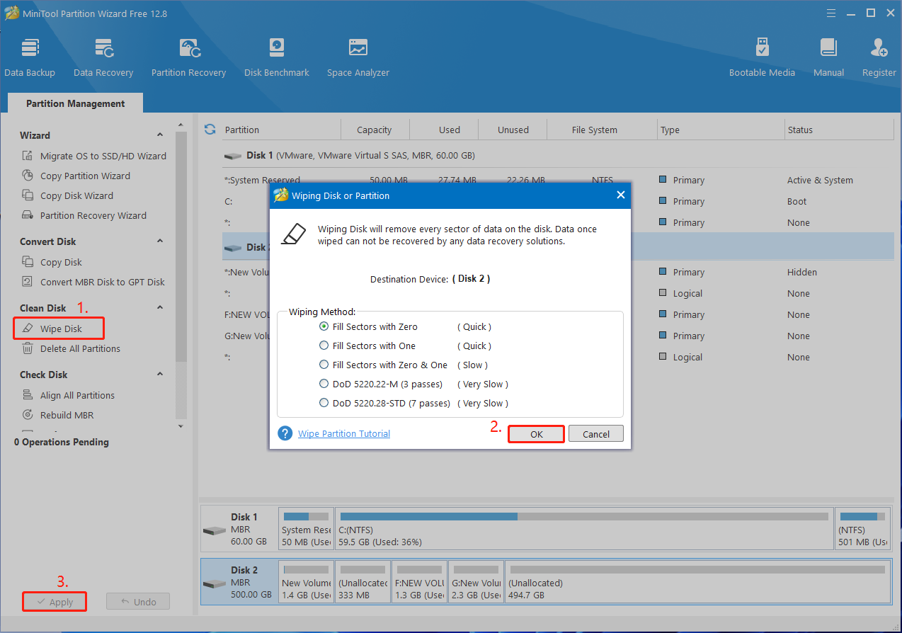 wipe disk using MiniTool Partition Wizard