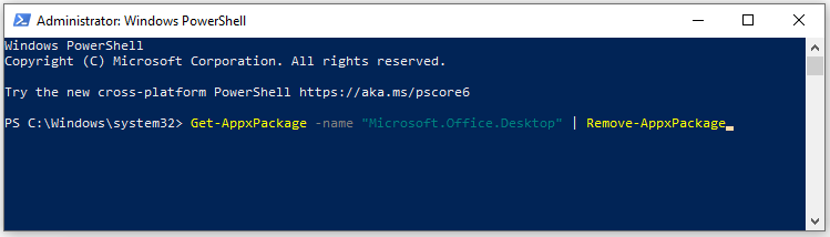 type command in PowerShell to uninstall the previous Office version