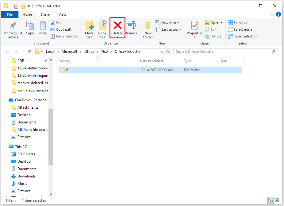 delete the Microsoft cache file