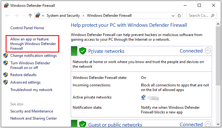 click Allow an app or feature through Windows Defender Firewall