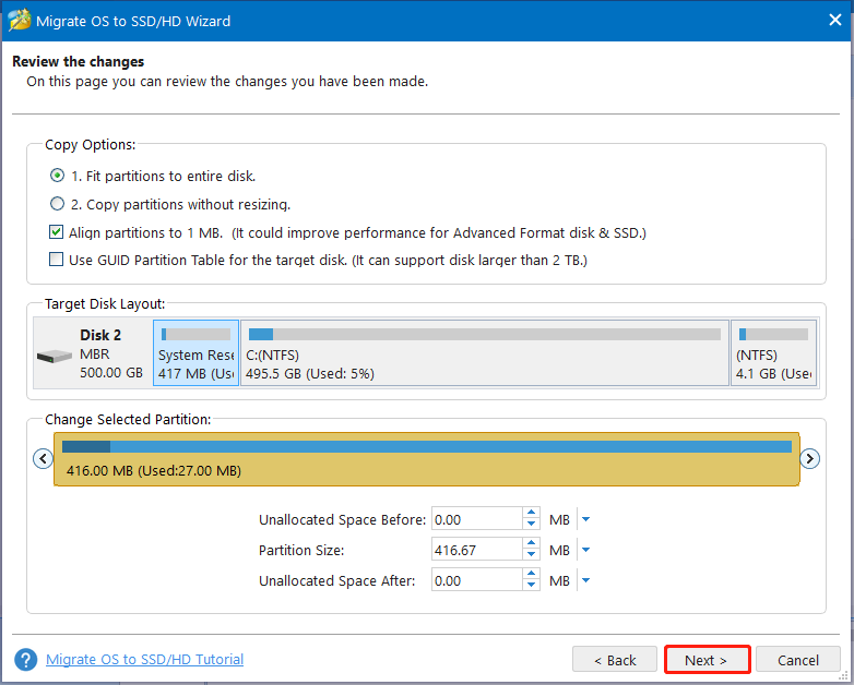 select Copy Options on Partition Magic