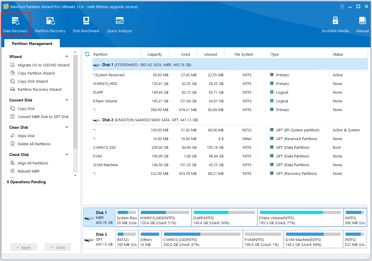 click Data Recovery in MiniTool Partition Wizard