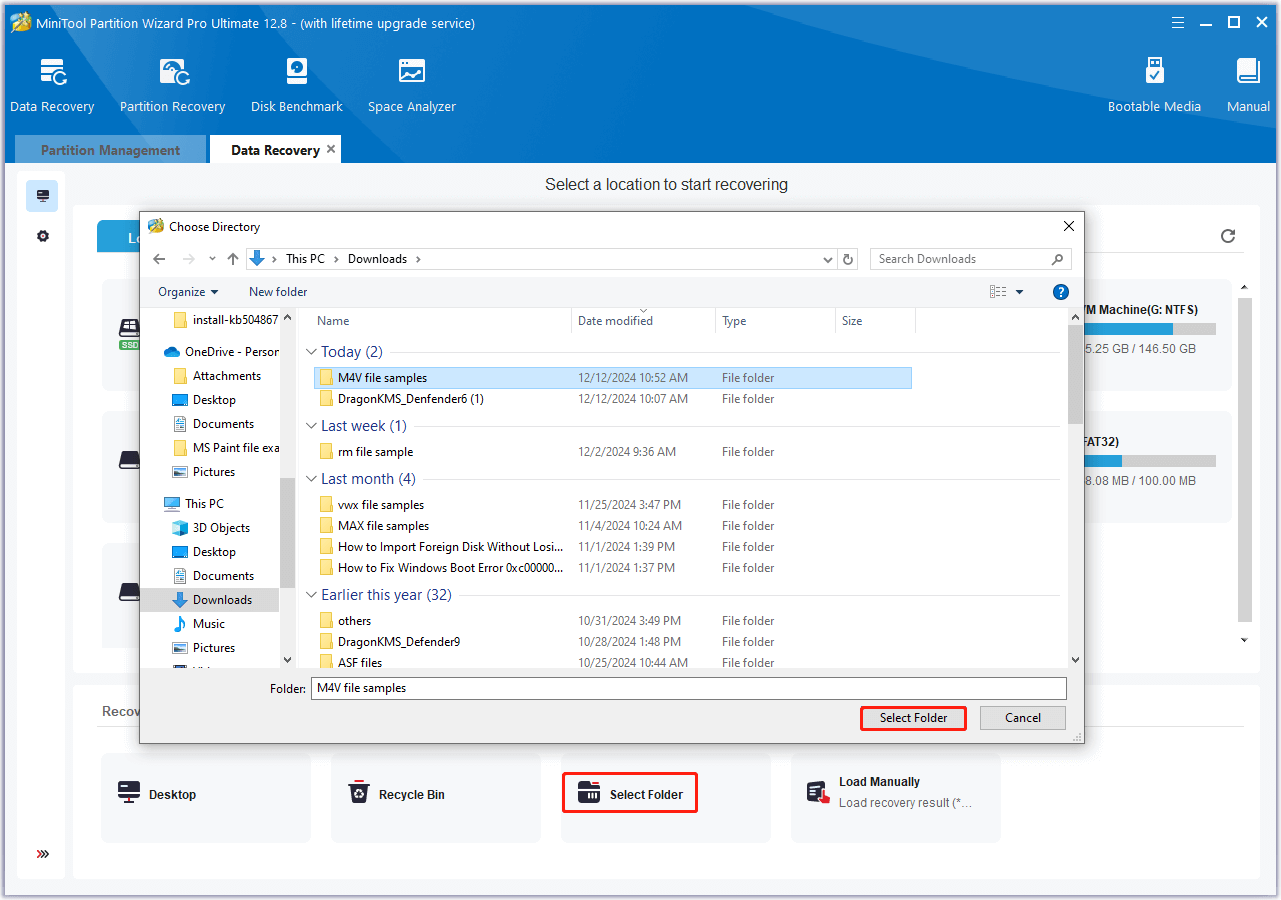 click Select Folder to select the M4V folder to scan in MiniTool Partition Wizard