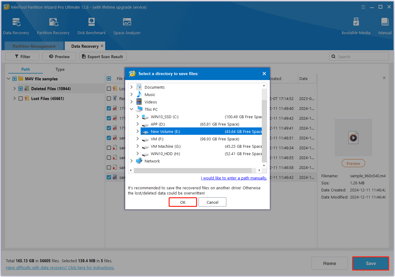 store the recovered M4V files in MiniTool Partition Wizard