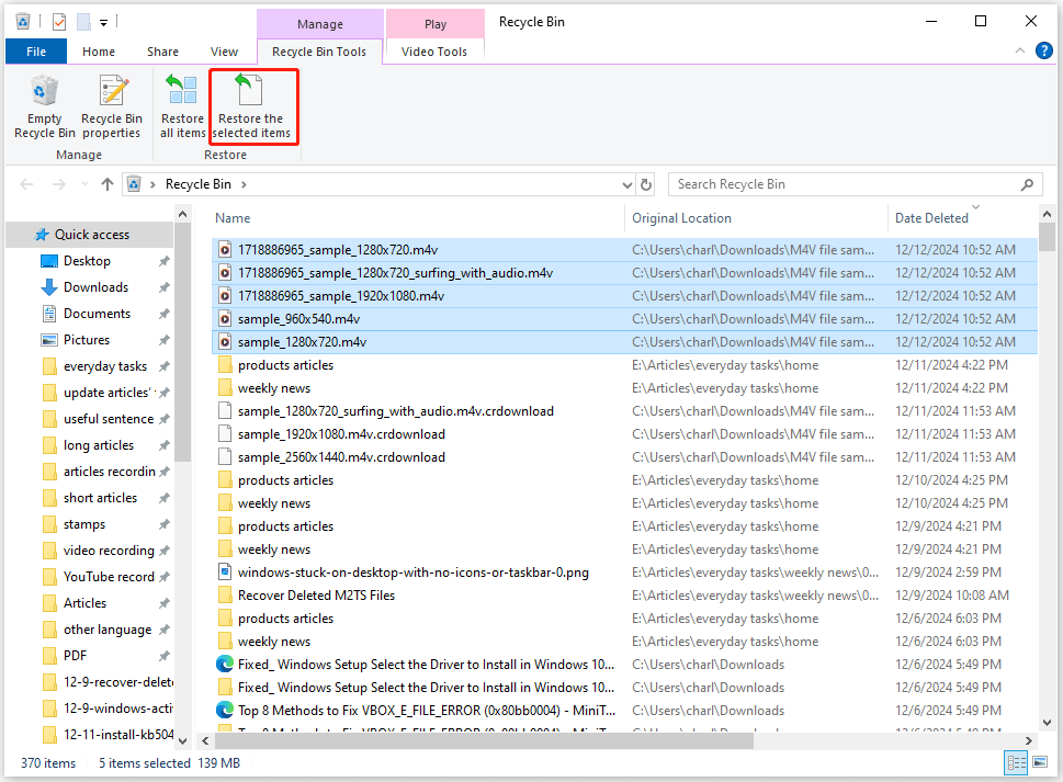 click Restore the selected items in the Recycle Bin window