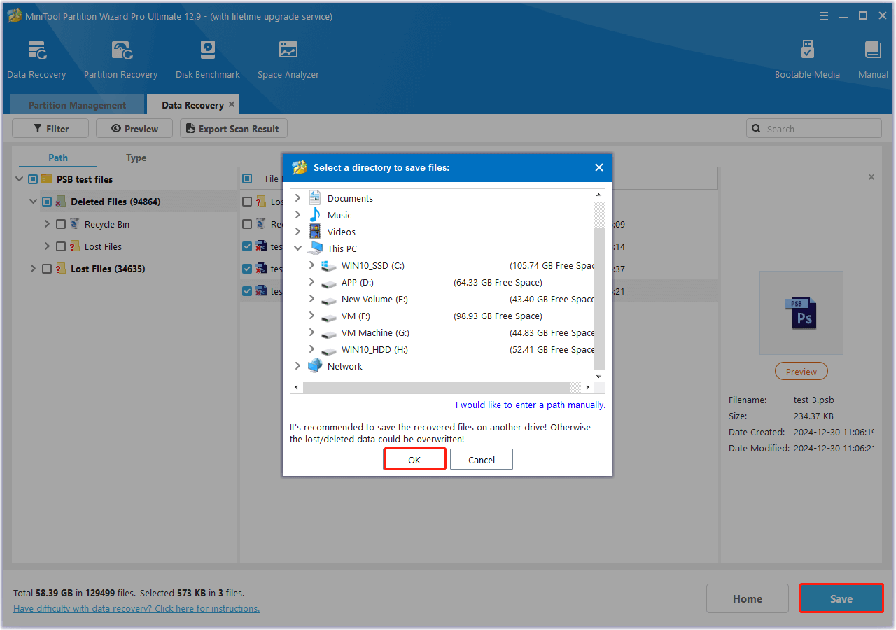 save the recovered PSB files from MiniTool Partition Wizard