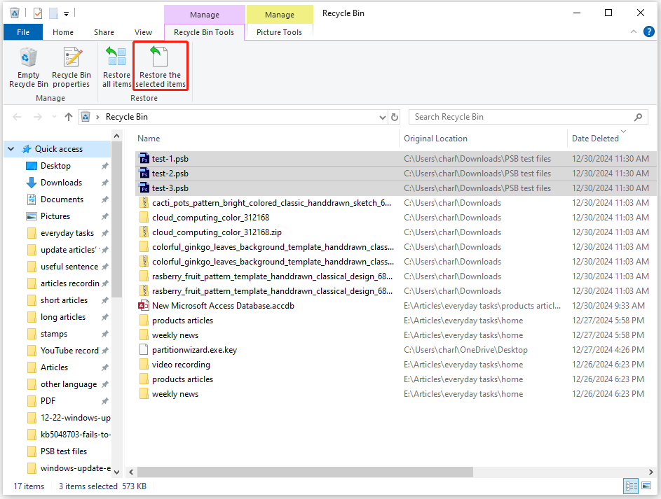 recover deleted PSB files from Recycle Bin