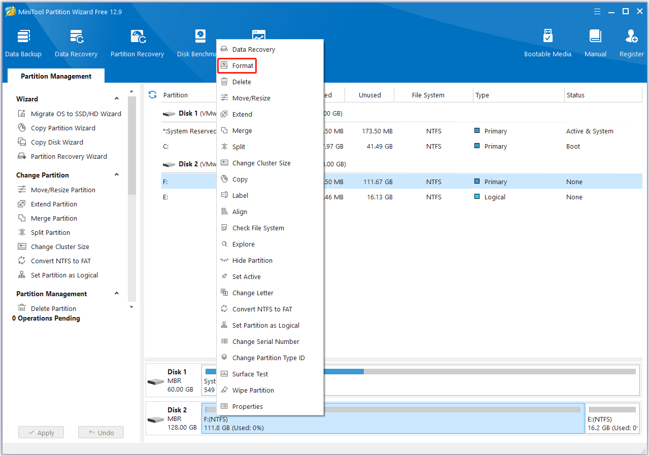 choose the Format feature MiniTool Partition Wizard