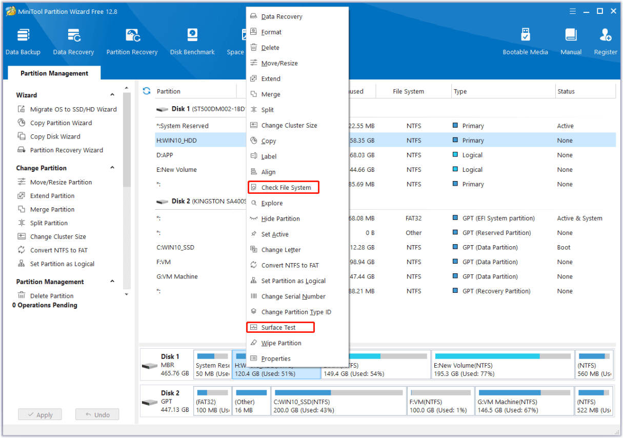 choose to run Check File System or Surface Test on MiniTool Partition Wizard