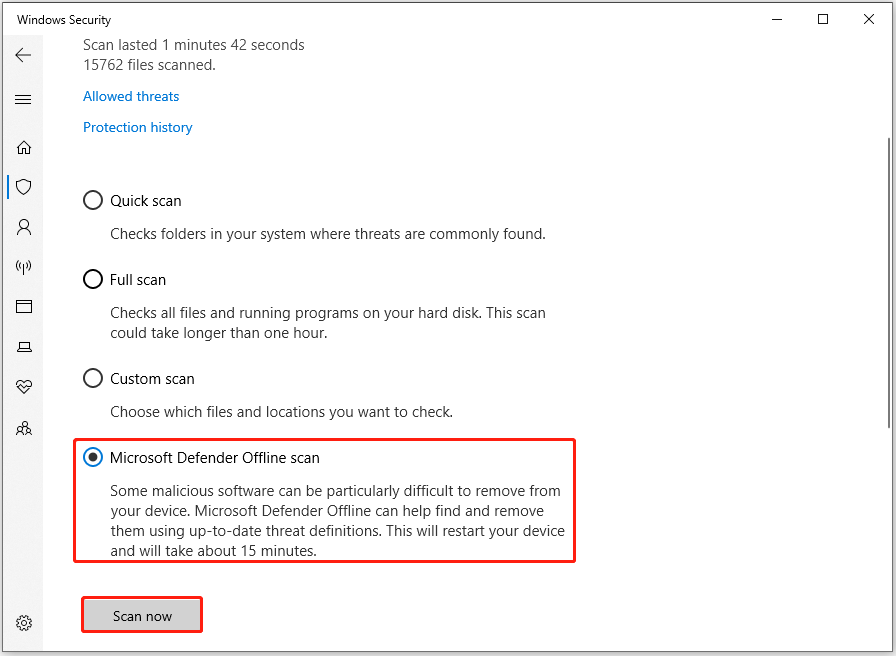 run Microsoft Defender Offline scan in the Windows Security window