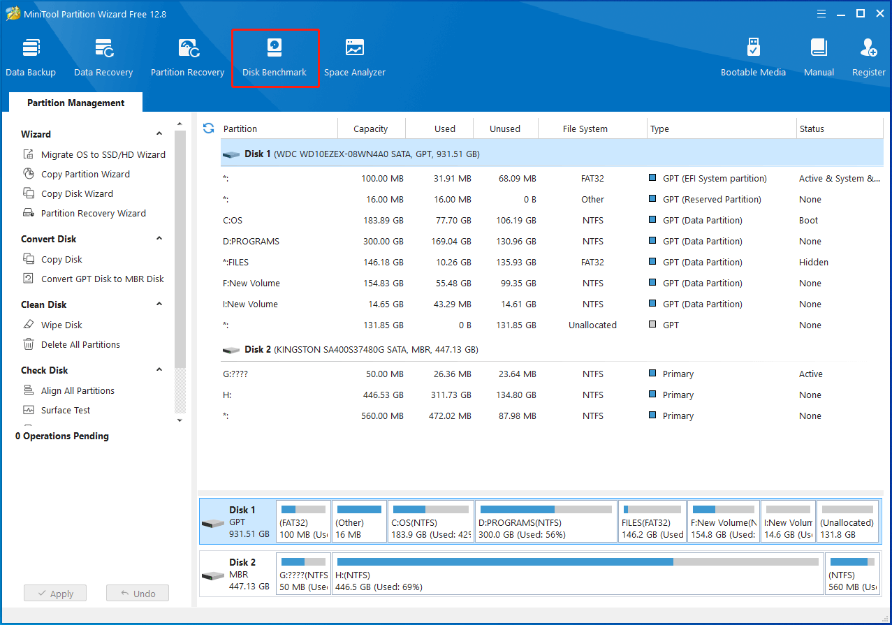 click Disk Benchmark feature in MiniTool Partition wizard