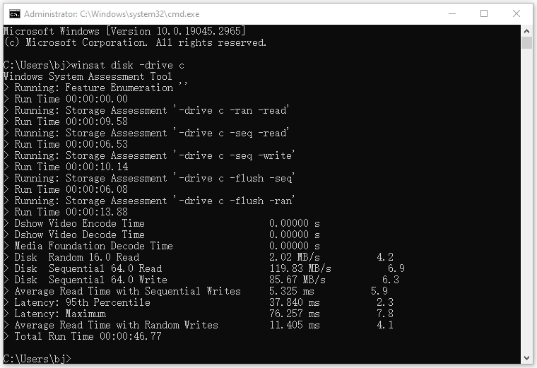 type winsat disk -drive c to text NVMe speed