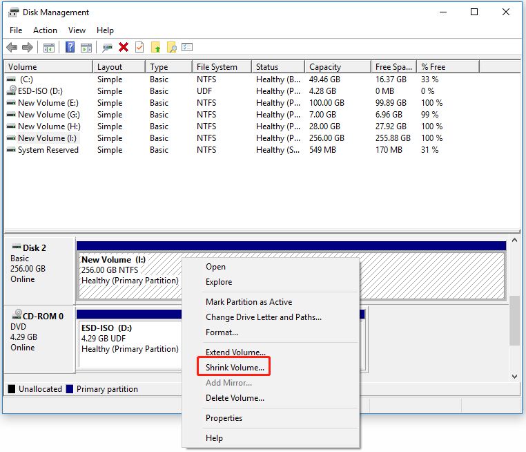 shrink volume Windows Disk Management