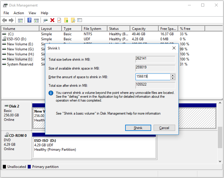 enter the amount of space to shrink in MB