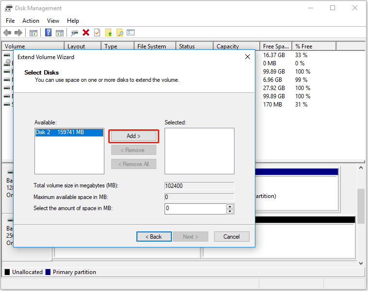 select disks to take free space