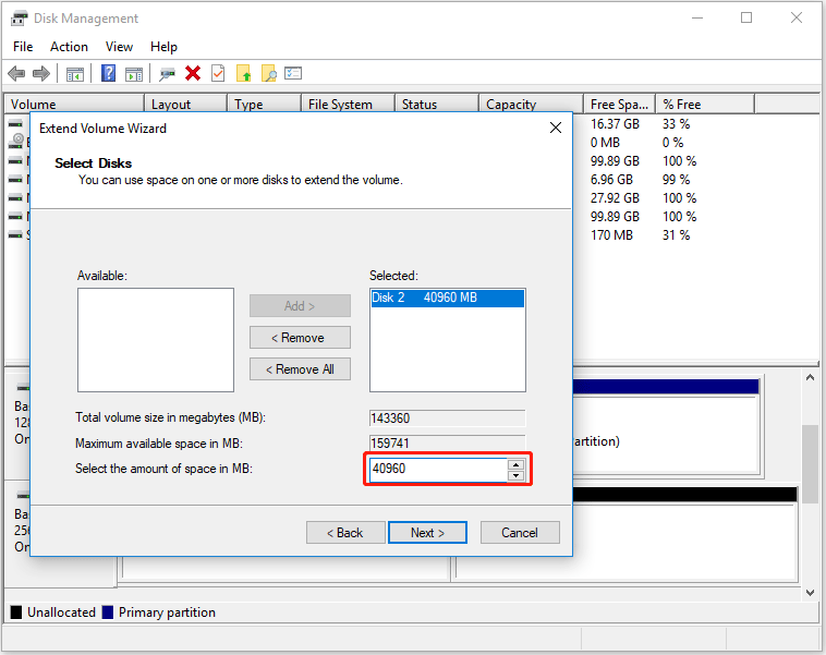 select the amount of space in MB