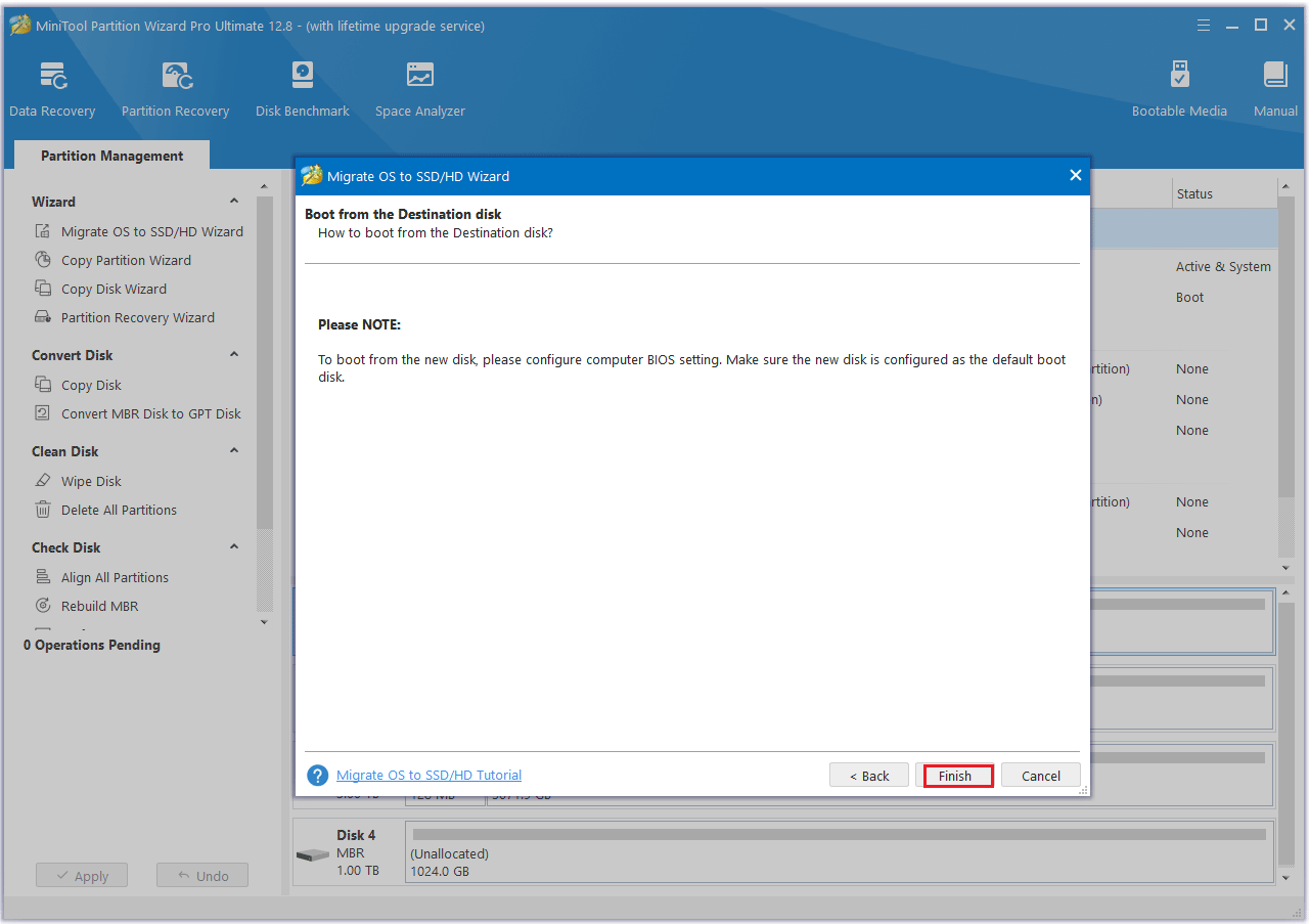 read boot note and click the Finish button in MiniTool Partition Wizard