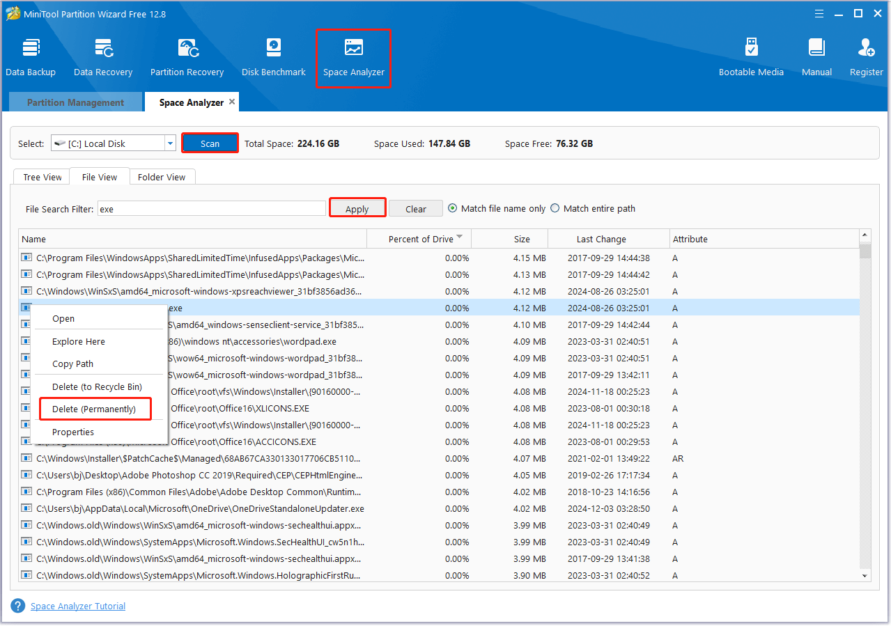 delete an exe file using Partition Magic