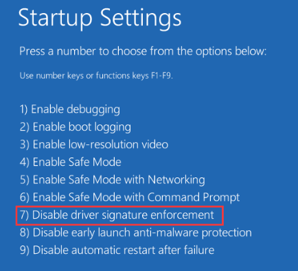 disable driver signature enforcement