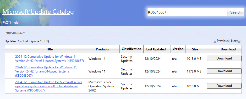 the KB5048667 download interface