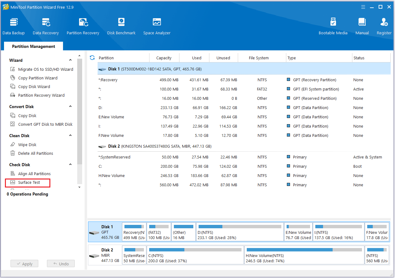 click Surface Test in MiniTool Partition Wizard