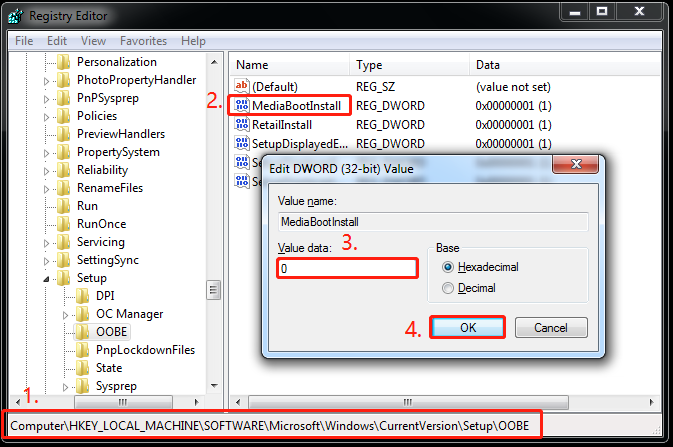 set MediaBootInstal’s Value data to 0