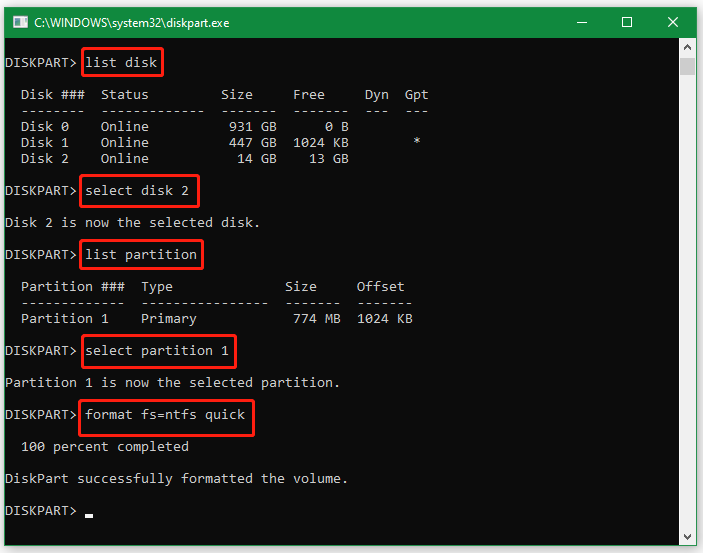 format USB to NTFS using DiskPart