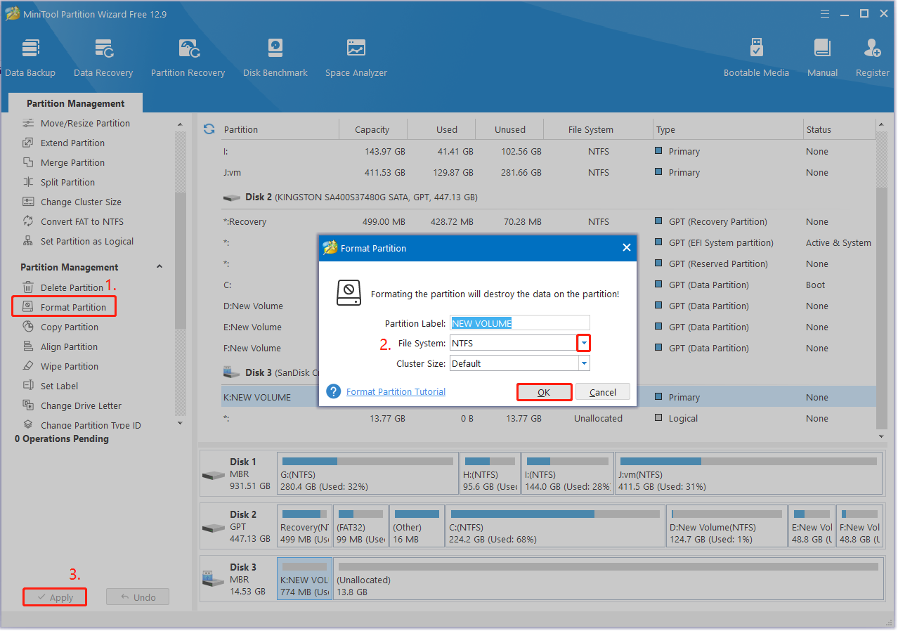 format USB to NTFS using Partition Wizard