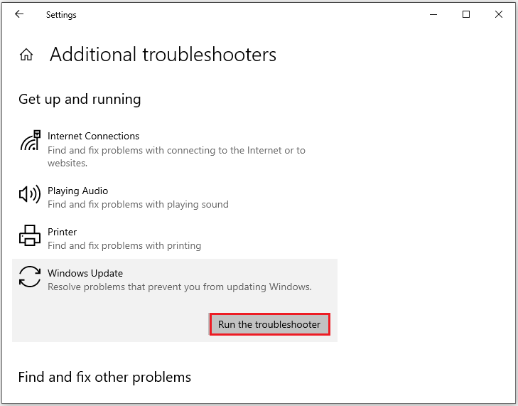 click Run the troubleshooter to fix the Windows update problem