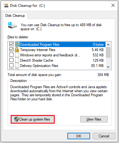 click Clean up system files by using the disk cleanup tool