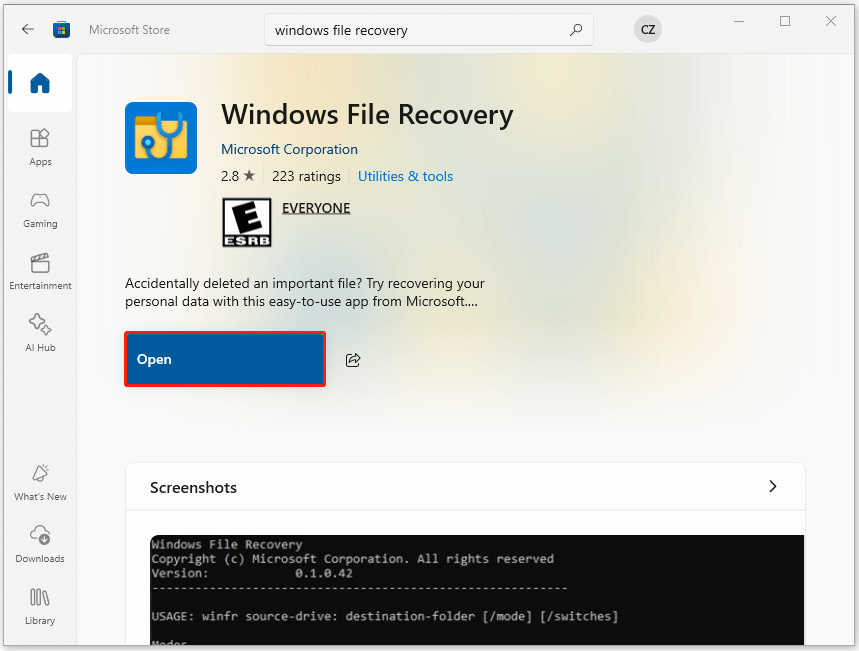 open Windows File Recovery from Microsoft Store