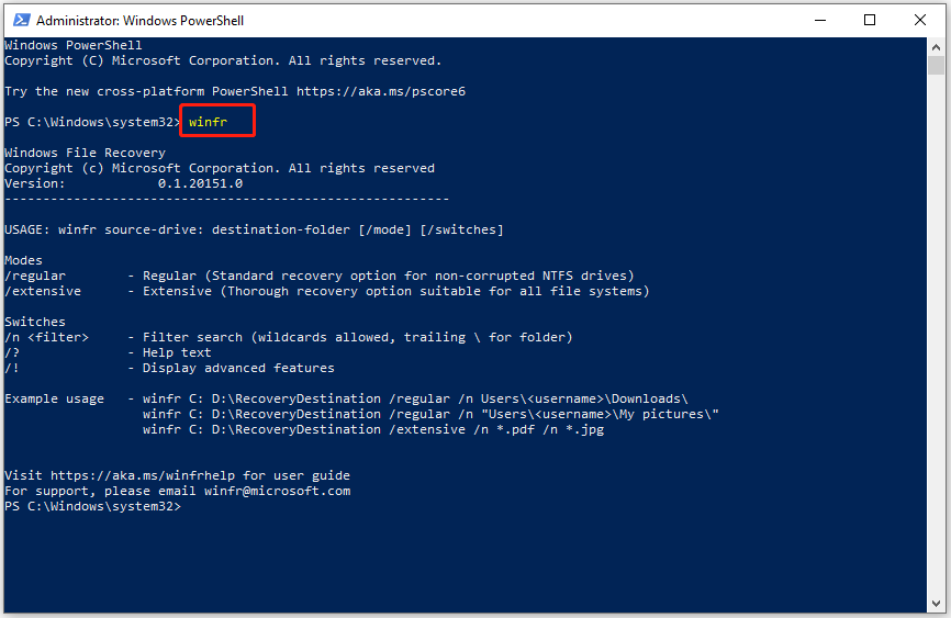 launch Windows File Recovery via Windows PowerShell (Admin)