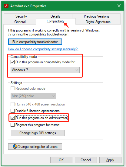 run Adobe Acrobat in Compatibility mode with admin rights